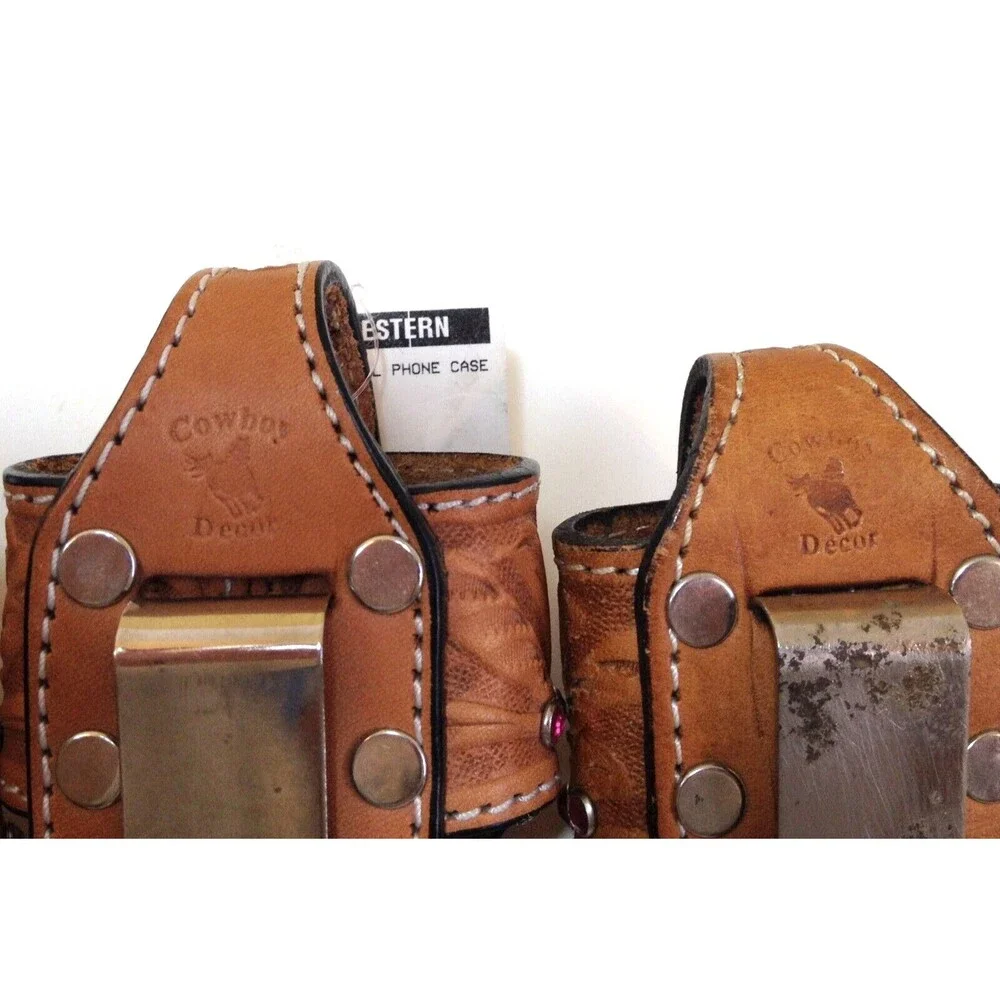 3 Vintage Cowboy Decor Leather & Rhinestones Western Flip Phone Case w/Belt Clip